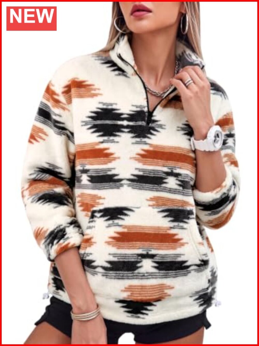 Aztec Half Zip Sherpa Fleece Sweatshirt Western Hoodie Pullover
